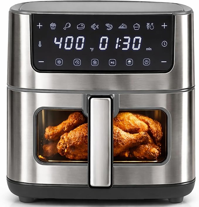 Simple Deluxe 8-in-1 Air Fryer 6.34 Qt, Digital Preset Airfryer with Visible Window, Nonstick and Dishwasher-Safe Basket, Air Fry, Chicken, Pizza, Dehydrate, Fries, 90-Min Timer, 1700W, Gray