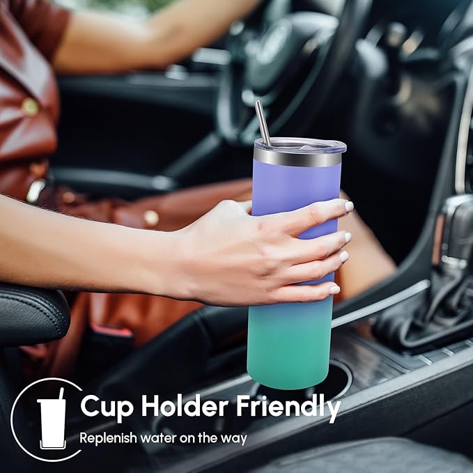 Volhoply 8 Pack Skinny Tumblers with Lid and Straw, 20oz Stainless Steel Straight Tumbler Bulk, Vacuum Insulated Coffee Mug for Home, Office, Travel, DIY (Purple Green,8 Pack)