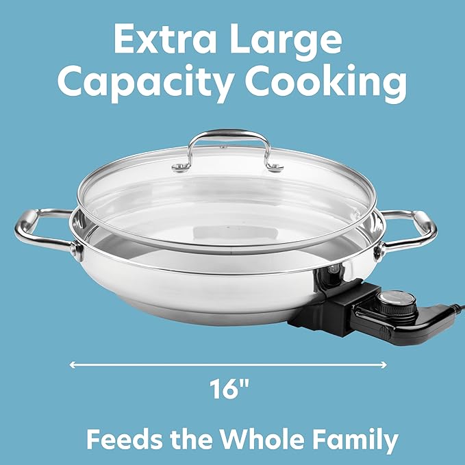 XL Electric 16" Skillet By CucinaPro- 18/10 Stainless Steel Frying Pan with Tempered Glass Lid and Handle, Round with Adjustable Temperature Control Probe, Portable, Includes Recipe Guide, Great Gift