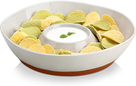 MALACASA Ceramic Chips and Dip Serving Tray, 12 Inch Large Divided Bowls Set for Salsa, Veggies & Dip, Appetizers, Snacks, Free-Form Serving Dish Platter for Parties Hosting & Entertaining, Gray