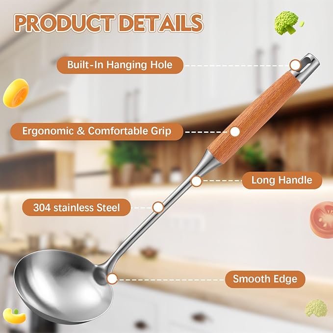 9 Pcs 304 Stainless Steel Utensils Set with Wood Handle Metal Cooking Tool Spatula, Solid Spoon, Slotted Spoon, Fork, Ladle, Skimmer, Slotted Spatula Spaghetti(brown,wooden)