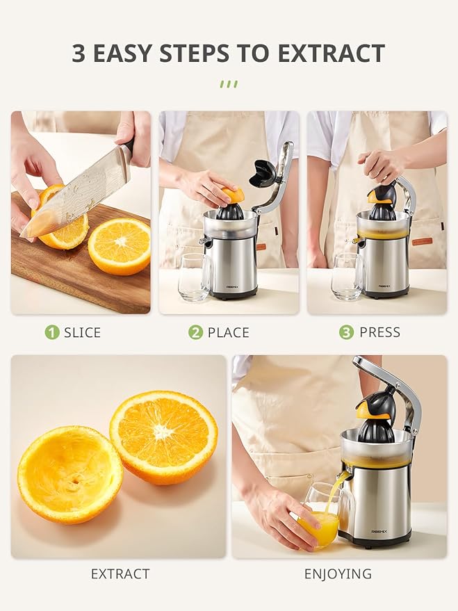 Electric Citrus Juicer Squeezer, Orange Juicer with Two Interchangeable Cones, Suitable for orange, lemon and Grapefruit, Brushed Stainless Steel, Easy to Clean and Use (Stainless Steel)