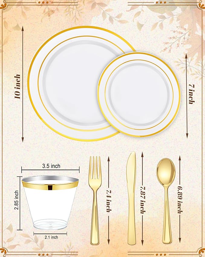 bUCLA 300PCS Gold Disposable Dinnerware Set - White and Gold Plastic Plates - Include 50 Each (Dinner&Dessert) Plates,50 Knives,50 Forks,50 Spoons,50 Cups for Party & Thanksgiving Table Decor