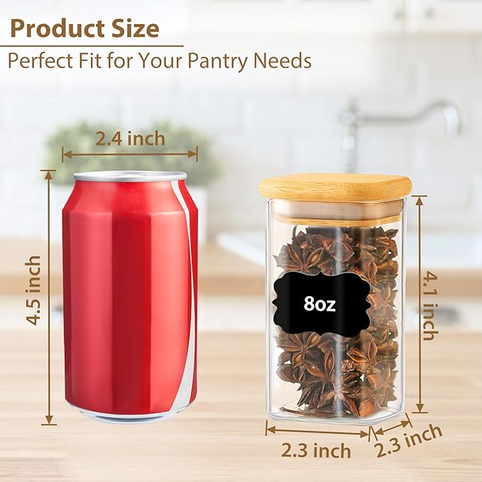 TBWIND 20 Pack 8 oz Square Glass Spice Jars with Lids and Labels – Airtight Small Spice Containers Set, Clear Glass Storage Jars for Seasoning, Spices, Kitchen Pantry Organization