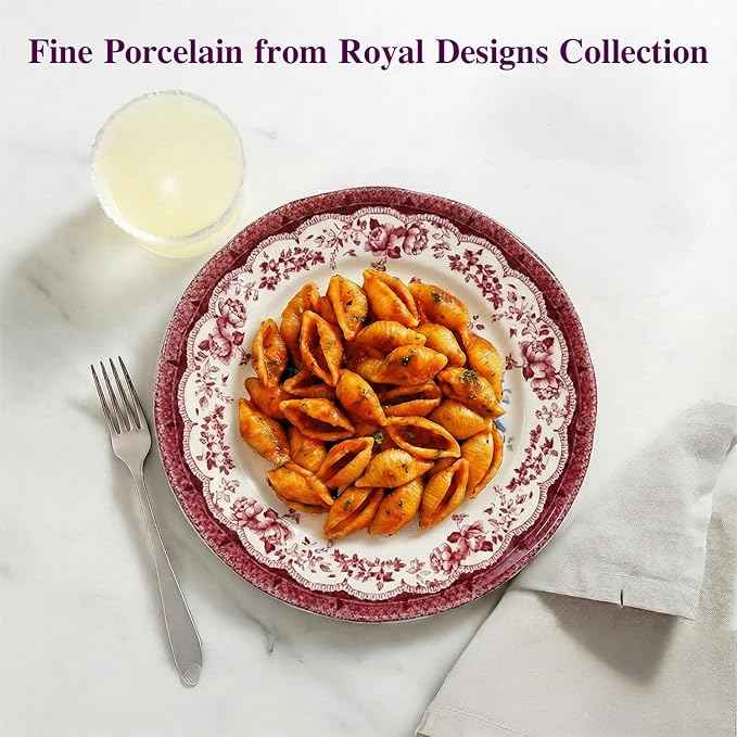 Tudor Royal 12-Piece Round Porcelain Dinnerware Set, Service for 4 - Victoria RED Design, Red Floral, Plates Bowls Dishes, Premium Quality Tableware, Unique Pattern, Glossy