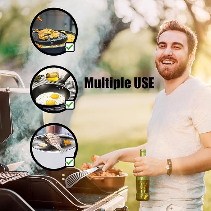 HOTEC 2pcs Stainless Steel Wooden Handle Fish Spatula, Metal Spatula Flipping Foods