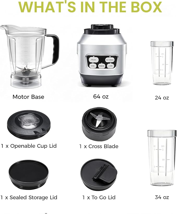 Simple Deluxe Smoothie Blender, 1200W Powerful Countertop Blenders for Kitchen, 60 oz Capacity Blender for Smoothies with BPA-Free Portable Cups, Ice Crushing, Juices, Shakes and Sauces, Silver