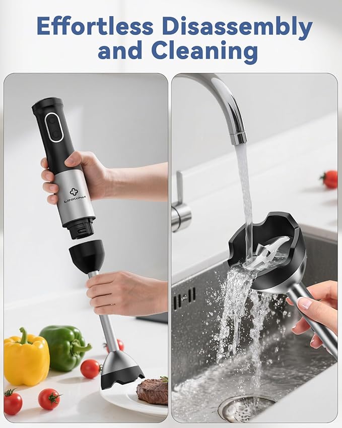 LINKChef 7-in-1 Immersion Blender, 800W Hand Blender with 20 Speeds and Turbo, Scratch-Resistant Guard, 2 Titanium Blades, Whisk, Milk Frother, Food Chopper, Beaker for Soup, Smoothies, Baby Food