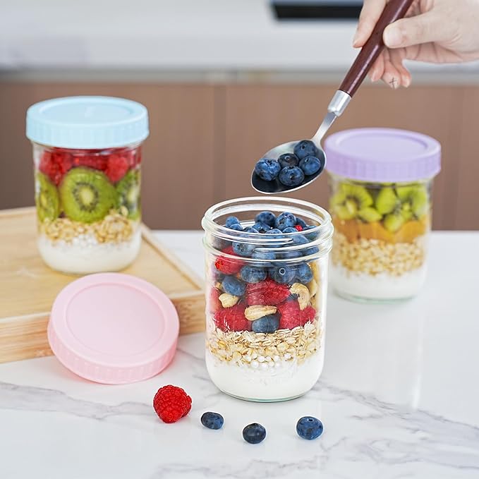 Miuyhji Overnight Oats Containers with Lids, 6-Pack Glass Mason Jars 16 oz with Lids Wide Mouth, Reusable Food Storage Containers for Snack, Chia Pudding, Yogurt, Meal Prep, Salad