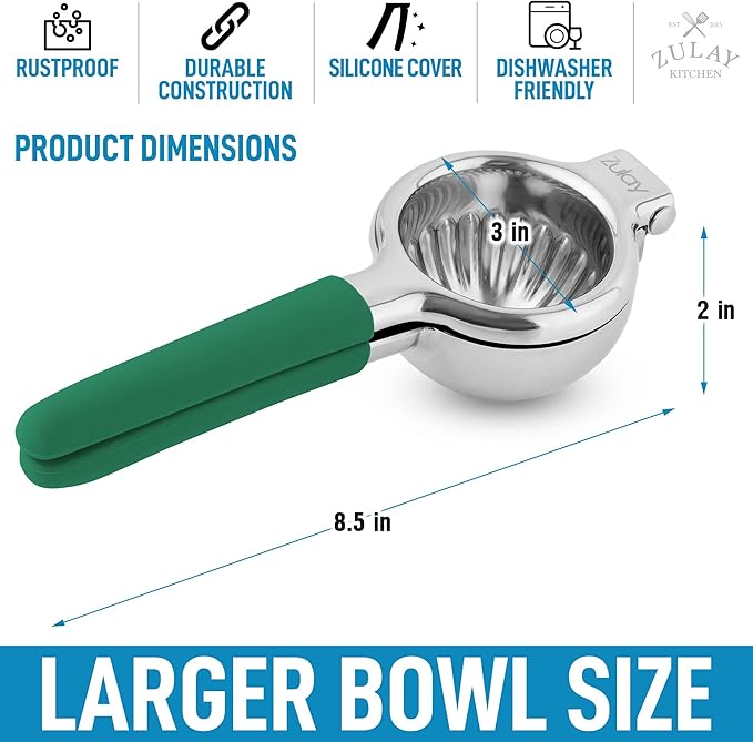 Zulay Kitchen Lemon Squeezer Stainless Steel with Premium Heavy Duty Solid Metal Squeezer Bowl and Food Grade Silicone Handles - Large Manual Citrus Press Juicer and SS Lime Squeezer (Green)