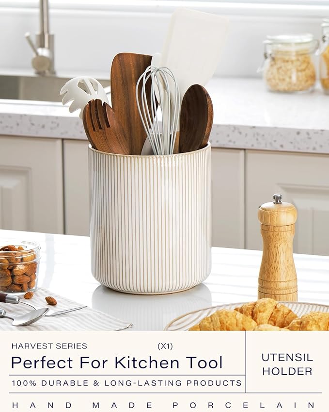 getstar Large Utensil Holder for Kitchen Counter,7.2" Vintage Ceramic Utensils Crocks Utensil Organizer for Spatula Farmhouse Kitchen Decor