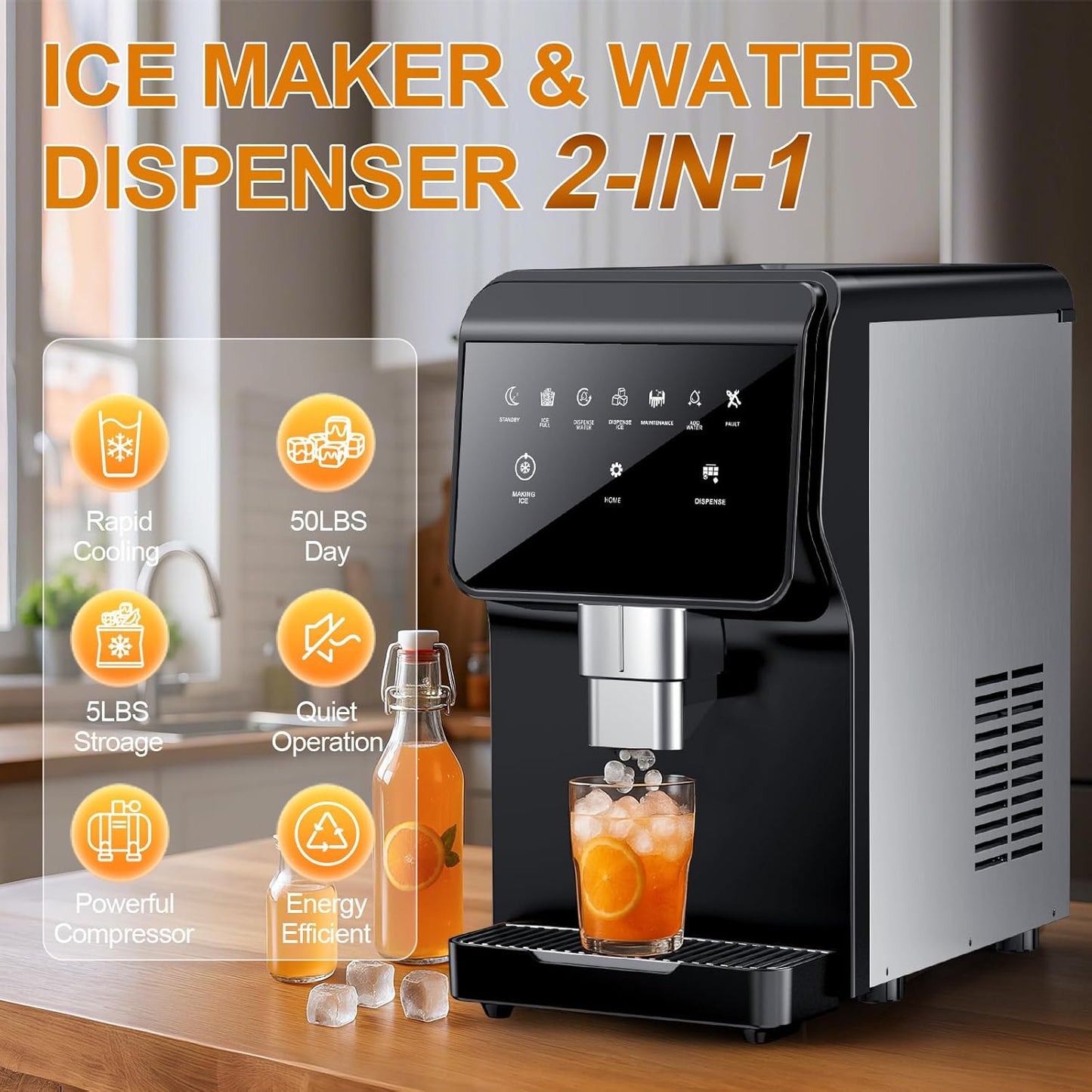 Undercounter Nugget Ice Maker with Water Dispenser – 50 lbs/Day, 5 lbs Bin, Soft Chewable Ice Machine, Self-Cleaning Stainless Steel Ice Maker for Home, Kitchen, Bar, Office