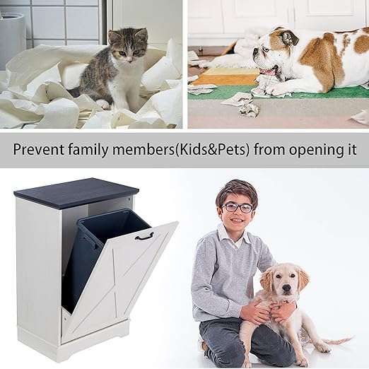 13 Gallons Tilt Out Trash Cabinet, Hidden Trash Can Cabinet Wooden Tilt Out Pet Proof Hidden Trash Bin Cabinet for Kitchen (Black and White)
