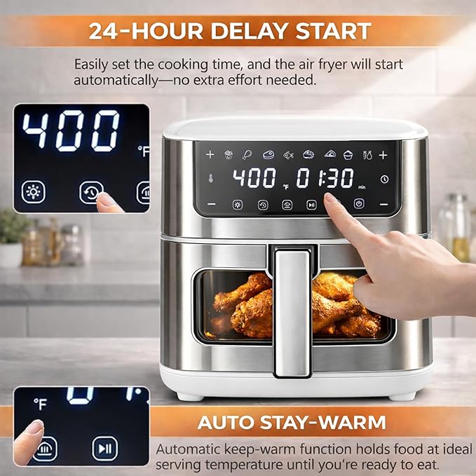 Simple Deluxe 8-in-1 Air Fryer 6.34 Qt, Digital Preset Airfryer with Visible Window, Nonstick and Dishwasher-Safe Basket, Air Fry, Chicken, Pizza, Dehydrate, Fries, 90-Min Timer, 1700W, White