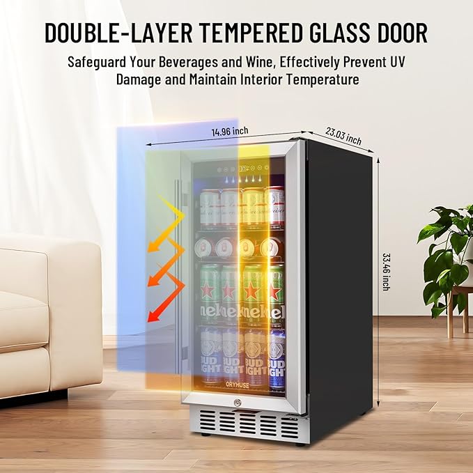 ORYMUSE 15 Inch Beverage Refrigerator, 130 Can Capacity Under Counter Fridge with Lock & Glass Door, Quiet Built-in or Freestanding Beer Cooler, Powerful Compressor for Fast Cooling