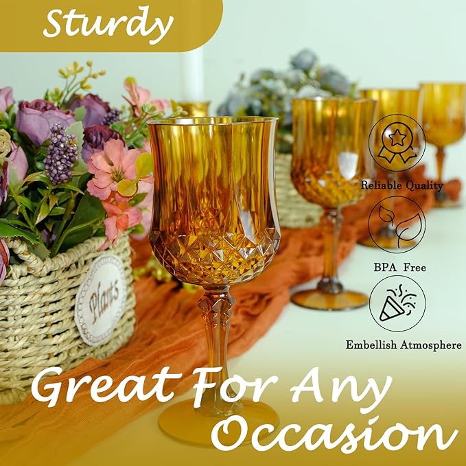 Plastic Wine Glasses, Plastic Goblets Vintage Style Cordial Unbreakable Drinking Glasses, Reusable Drinkware for Wedding Reception, Grand Event Party Supplies (48, Amber)