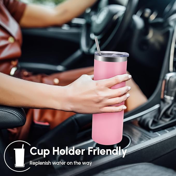 Volhoply 12 Pack Skinny Tumblers with Lid and Straw, 20oz Stainless Steel Straight Tumbler Bulk, Vacuum Insulated Coffee Mug for Home, Office, Travel, DIY (Pink,12 Pack)