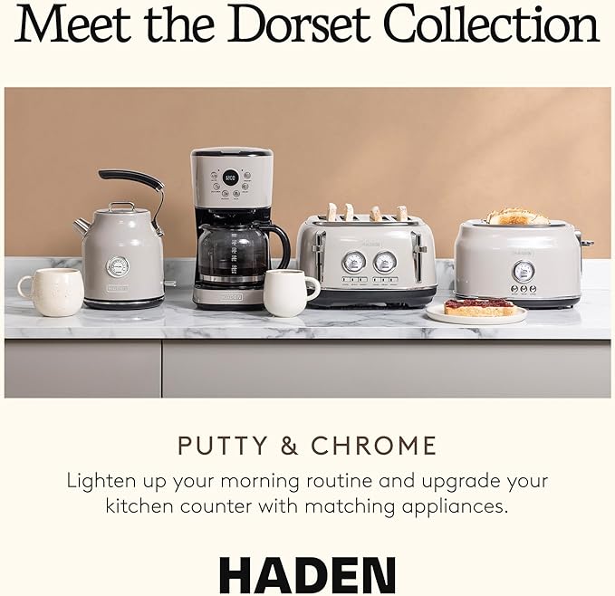 Haden Dorset 4 Slice Wide Slot Stainless Steel Toaster with Adjustable Browning Control & Non-Slip Feet, Putty & Chrome