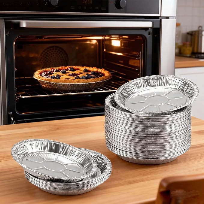 50 Pack 9 Inch Disposable Aluminum Foil Pie Pans - Curl Lip Design, Lightweight & Sturdy with Even Heat Distribution for Tarts & Pastry Crusts