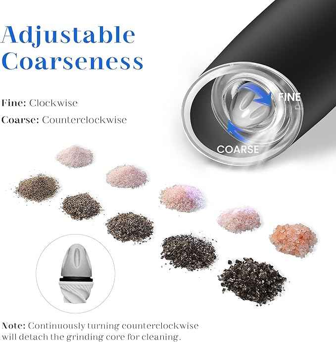Rechargeable Salt And Pepper Grinder Set, Gravity Electric Salt And Pepper Grinder Set Electric, Salt And Pepper Shakers Set Electric, Adjustable Coarseness, LED Light, (Black+Black)