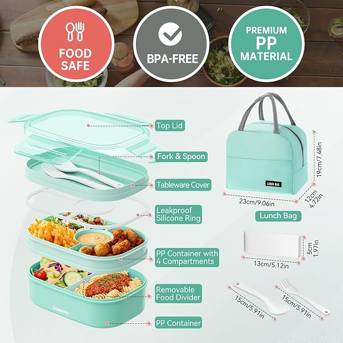 2 Layers Bento Box, All-in-One Stackable Lunch Container with Compartments, 64oz Leakproof Microwave Safe Dishwasher Safe Bento Box with Lunch Bag and Utensil Set for Kids and Adults