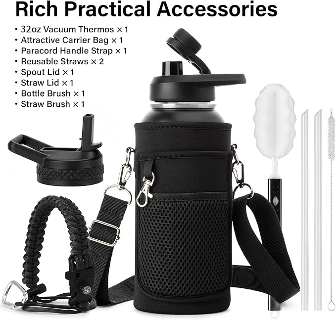 DYSANKY 32 oz Insulated Water Bottle | Thickened Stainless Steel Vacuum Metal | Portable Sports Water Jug for Gym and Hiking with Straw, Carrier Bag, Handle Strap | BPA-Free 32 oz, Black