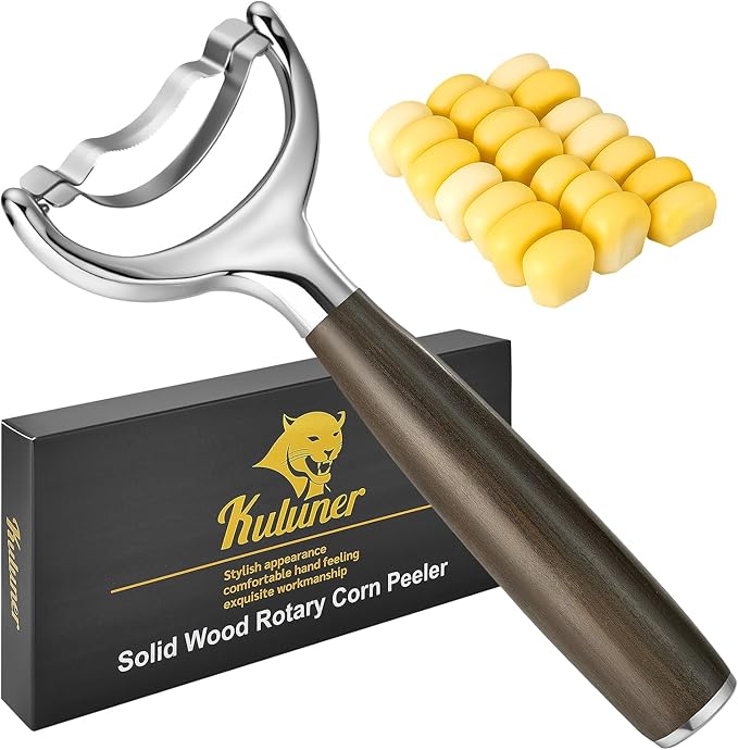 KULUNER Durable Stainless Steel Corn Peeler with Polished Wood Handle Corn on the Cob Stripper Kernel Remover Easy Use Corn Kernel Cutter Kitchen Gadget（Chacate Preto）