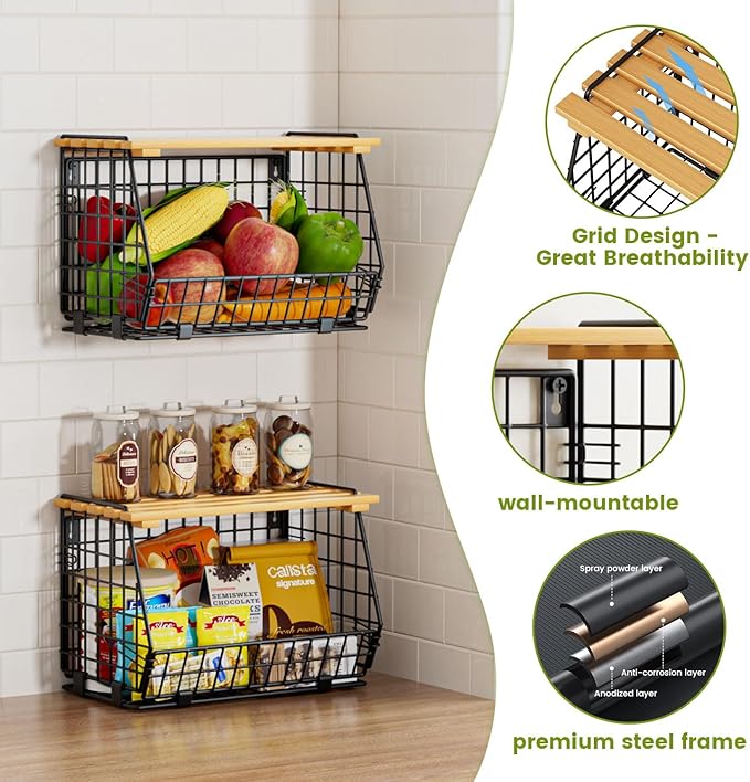 Wire Fruit Basket for Kitchen Storage: Hanging and Counter Basket for Vegetable Produce - Potato and Onion Storage for Pantry 3 Pack