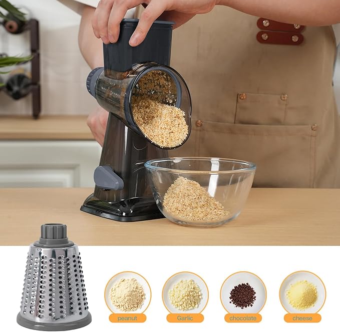 Rotary Cheese Grater Multi-Purpose Stainless Steel Shredder- Cheese Grater With handle Effortless Grating of Vegetables, Nuts and Fruits,with Suction Base and Cleaning Brush (gray)