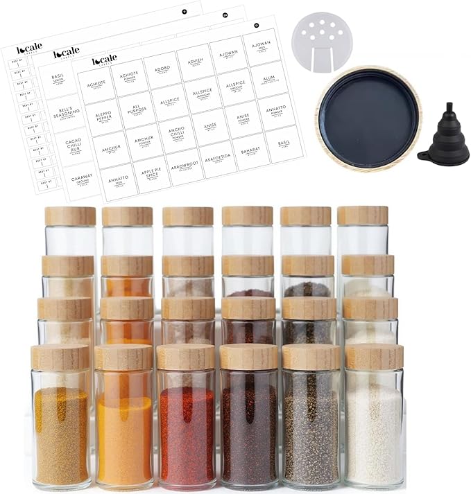 24 pcs Modern Round Glass Spice Jars 120ml with Bamboo Lids and 360 labels- Empty Spice Containers with Shaker Lids and Funnel, Airtight Storage Jars for Spices, Herbs, Seasonings