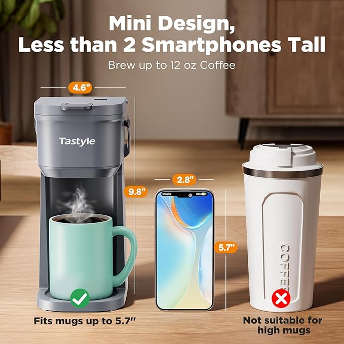 Tastyle Single Serve One Cup Coffee Maker, for K Cups and Grounds, Mini Coffee Maker with Portable Handle, 6 to 12 Oz Brew Size, for Travel, Camping, Office, RV and Dorm, 120V, Cool Gray