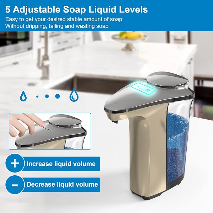 PZOTRUF Automatic Soap Dispenser, Touchless Dish Soap Dispenser 17oz/500ml with Infrared Sensor, 5 Adjustable Soap Dispensing Levels, Liquid Hand Dispenser for Bathroom Kitchen Sink(Champagne Gold)