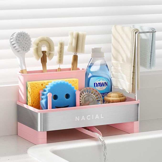 Nacial Sponge Holder for Kitchen Sink, Sink Caddy Organizer with High Brush Holder & Two Towel Racks - Rustproof 304 Stainless Steel Kitchen Countertop Storage Essentials - Pink