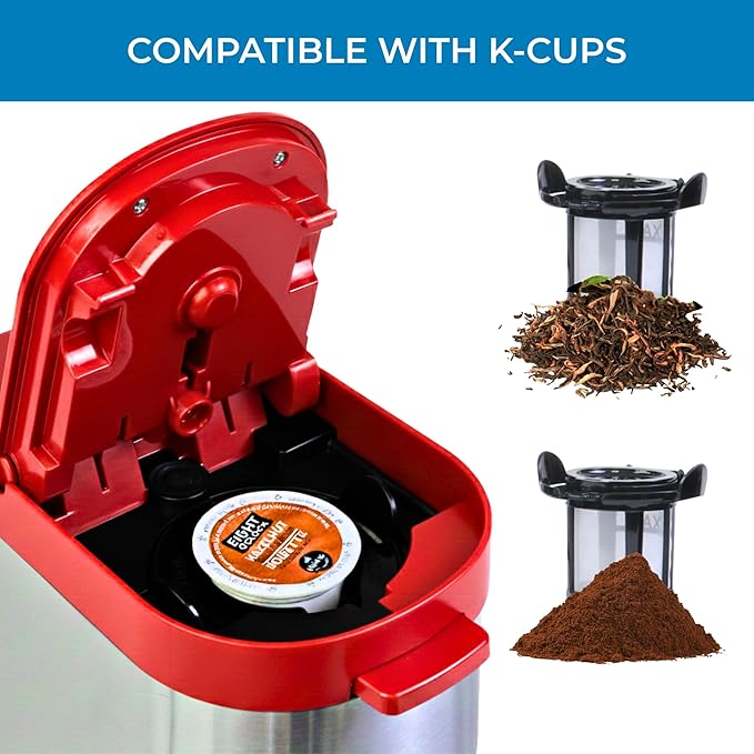 Kenmore Single Serve Coffee Maker – 6–12 Oz Brew Sizes, Compatible with Keurig K‑Cup Pods & Ground Coffee, One Cup Brewer, Travel Mug Friendly, Auto Shut‑Off, Hot & Iced maquina de cafe, Red