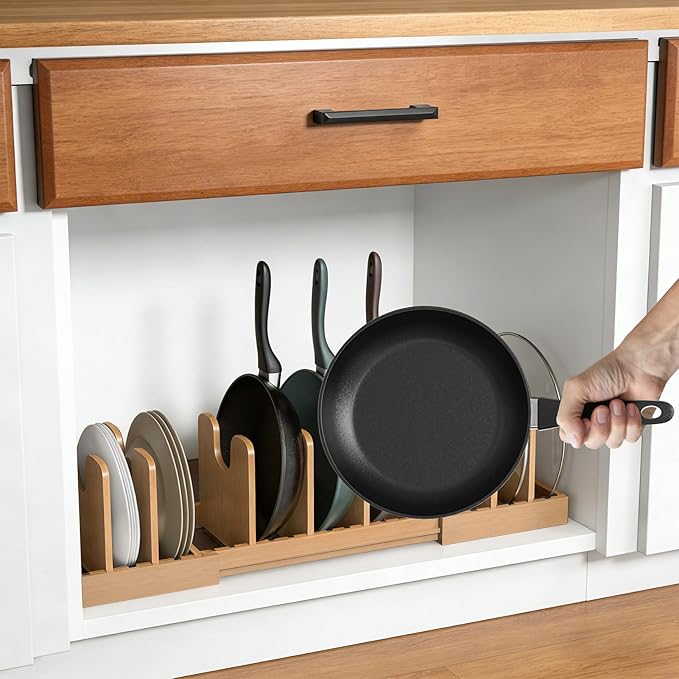 Expandable Pot Lid Organizer, Bamboo Pot and Pan Organizer for Under Cabinet, 16" to 28" Adjustable Length and 8pcs Dividers