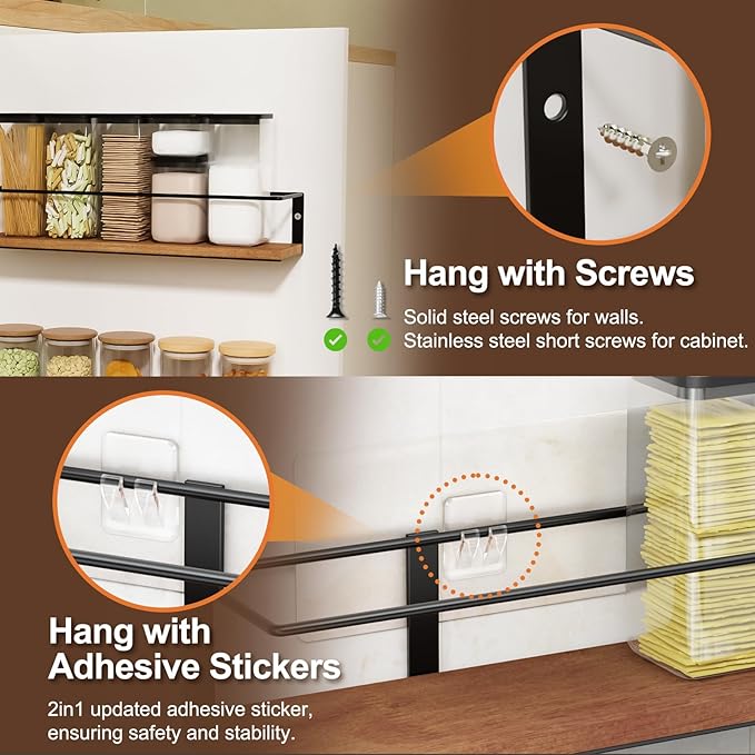 Spice Rack Self-Adhesive or drilling, Rustic Style Hanging Spice Rack, Spice Organization for Cabinet Door or Wall Mount, Over The Stove, Kitchen Wall, 2-Pack