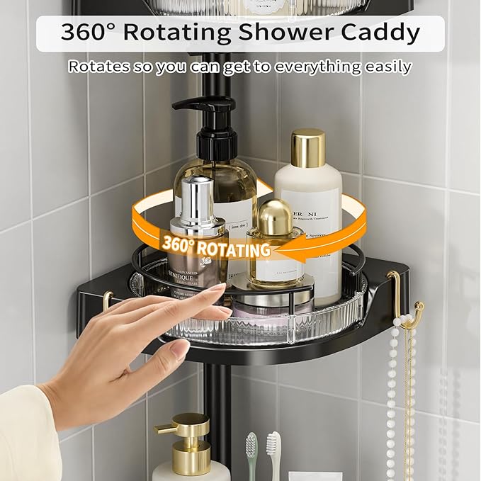 shuang qing 360° Rotating Corner Shower Caddy Tension Pole Organizer - 4-Tier Adjustable Rustproof Metal Pole, Plastic Shelves with Safety Guardrail, Bathroom Storage for Shower & Bathtub(Black)