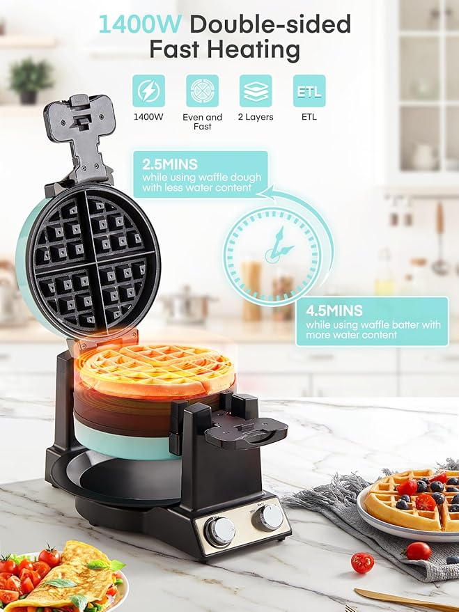 FOHERE 2-in-1 Omelette Maker&Waffle Maker, 1400W Omelet Maker 180° Flip, Adjustable Browning Control, Non-Removable & Nonstick Pans, Make Two Omelet and One Waffle at Once for Home (Mint Green)