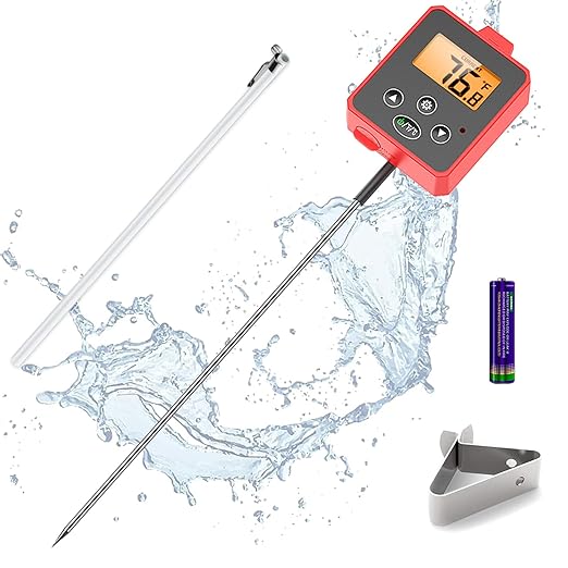 Digital Candy Thermometer with Pot Clip, Backlight LCD, 8" Long Probe, Temperature Alarm, ℃/℉ Switch, Instant Read Kitchen Thermometer for Cooking, Baking, and Candy Making