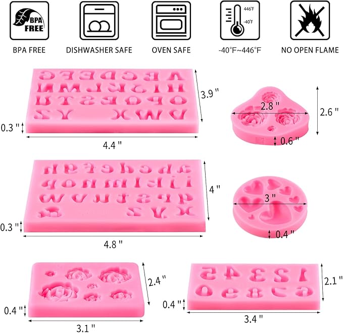 6 PCS Silicone Letter Molds, Non-Stick Number Alphabet Heart Rose Flower Fondant Molds for Chocolate, Candy, Cake Decoration, Cupcake Topper