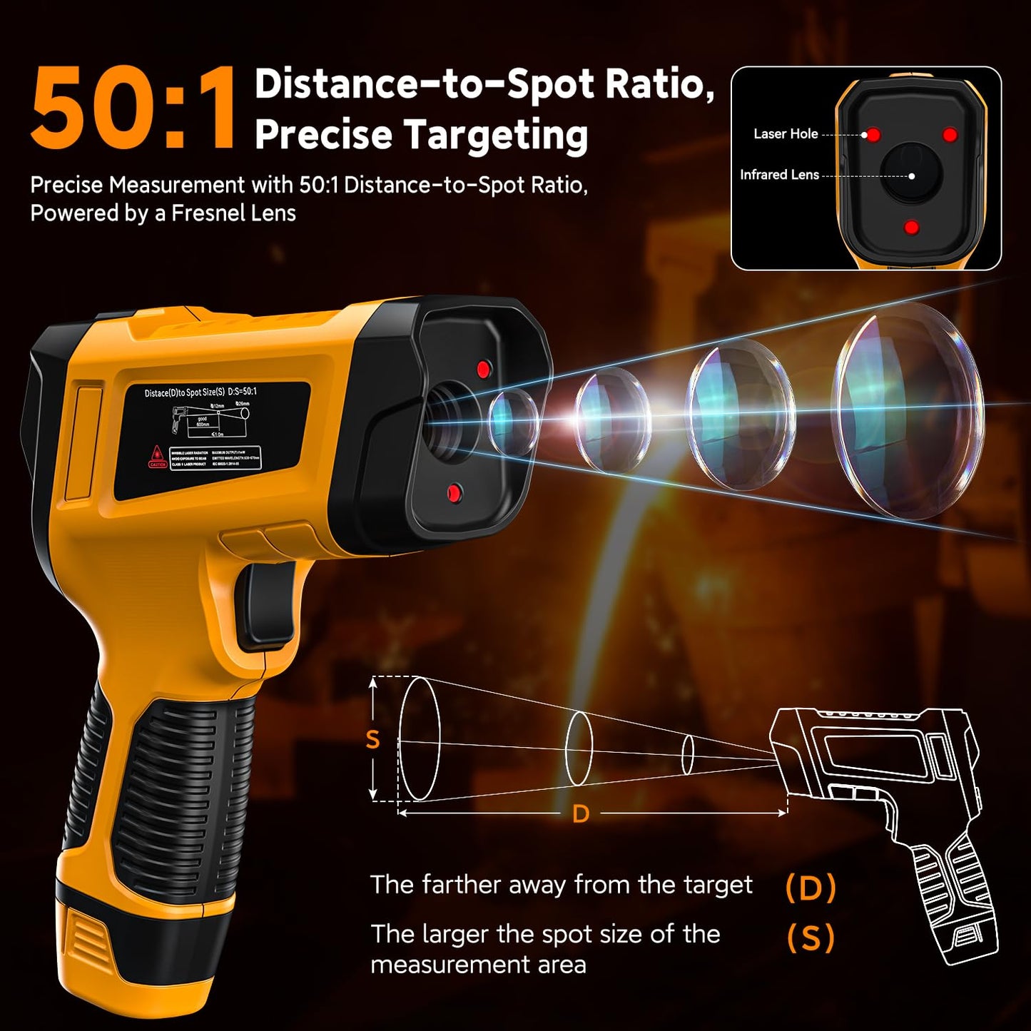 '-58°F to 3992°F Infrared Thermometer IR Gun, High-Temp Digital Temperature Gun 50:1 Non-Contact Pyrometer & Triple Laser for Kiln, Forge, Furnace, Engine, HVAC, Industrial Use