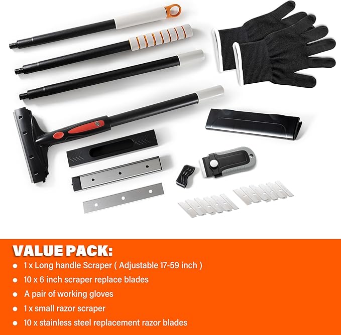 Gomake Extendable Floor Scraper Heavy Duty 6" Wide Razor Blade Scraper Tool with 17‘’-59" （1.4ft- 4.9ft）Long Handle, 10PCS Extra Metal Blades for Cleaning Glass Wall Gum Paint Tile Glue