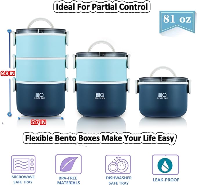 Bento Box Adult with Insulated Lunch Bag & Utensils, 81oz Large Capacity Leakproof 3 Stackable Lunch Box Containers for Adults Men Women Dining Out, BPA-Free & Microwave Safe Bento Lunch Box, Blue