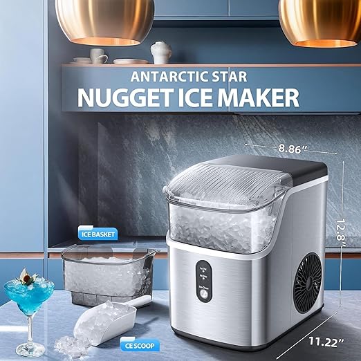 Antarctic Star Nugget Ice Maker Countertop, Chewable Nugget Ice Machine with One-Touch Operation, Self Cleaning, Fast Ice Making 34Lbs/24H, for Office/Home/Bar, Silver
