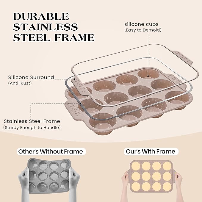 2 Pcs Silicone Muffin Pans for Baking with Metal Reinforced Frame, Nonstick Cupcake Tray for Oven, 12 Cups Regular and 24 Cups Mini Size Silicone Molds for Egg Bites (Brown, Cream)