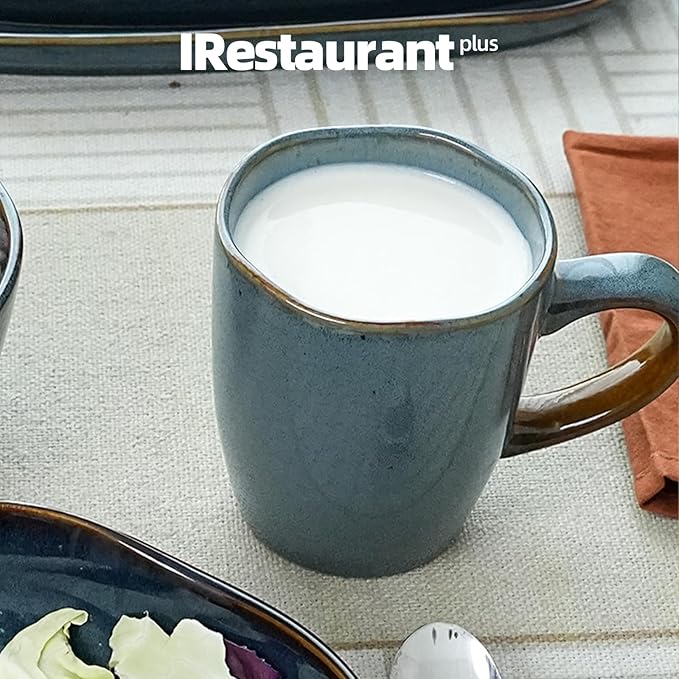Organic Shape Restaurant Mug 12oz, Commerical Grade Catering Stoneware Coffee Mug in Ir-regular Organic Shape, Chip & Scratch Resistant, Glossy Reactive Glaze Blue, Case of 24