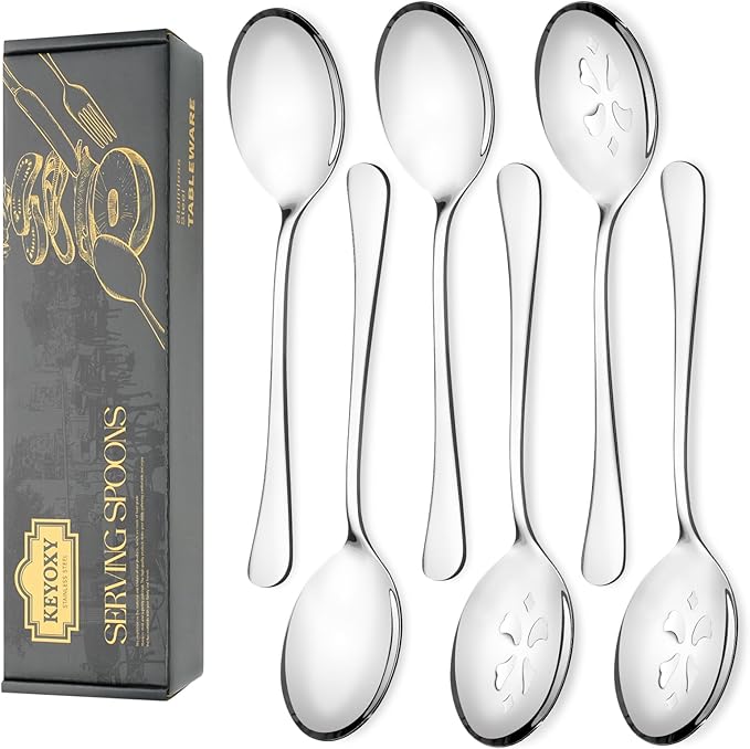 6 Piece Stainless Steel Serving Spoon Set - 3 Large, 3 Slotted,Dishwasher Safe,10-Inch,for Parties/Kitchen/Buffet/Catering