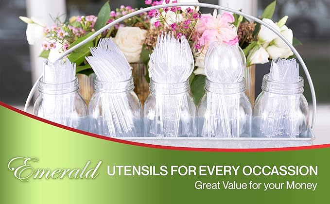 Party Bargains Emerald Clear Plastic Silverware 360 pcs Set: 180 Forks, 120 Spoons, 60 Knives. Heavy Duty Elegant Cutlery Disposable Utensils Combo Pack Fundraising, Catering, Galas, Cocktail Parties