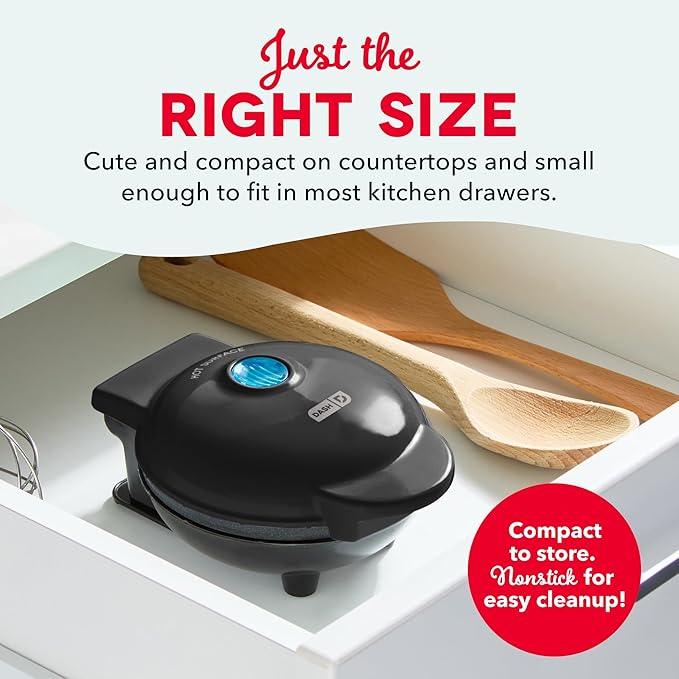 Dash Mini Waffle Maker- Compact Electric Iron for Creative Homemade Treats - PTFE nonstick surface - Easy-to-Clean - Perfect for Kids & Families - Black