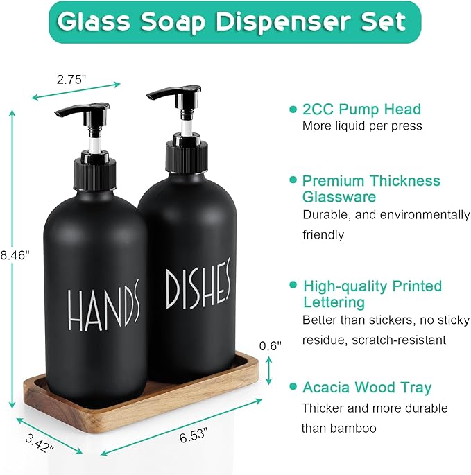 ALELION Black Dish Soap Dispenser Set for Kitchen - 16 OZ Hand Soap Dispenser with Pump and Acacia Wood Tray - for Black Kitchen Decor and Accessories